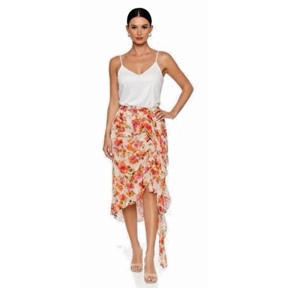 MISA Los Angeles Women Size Large Floral Asymmetrical Midi Ruffle Skirt